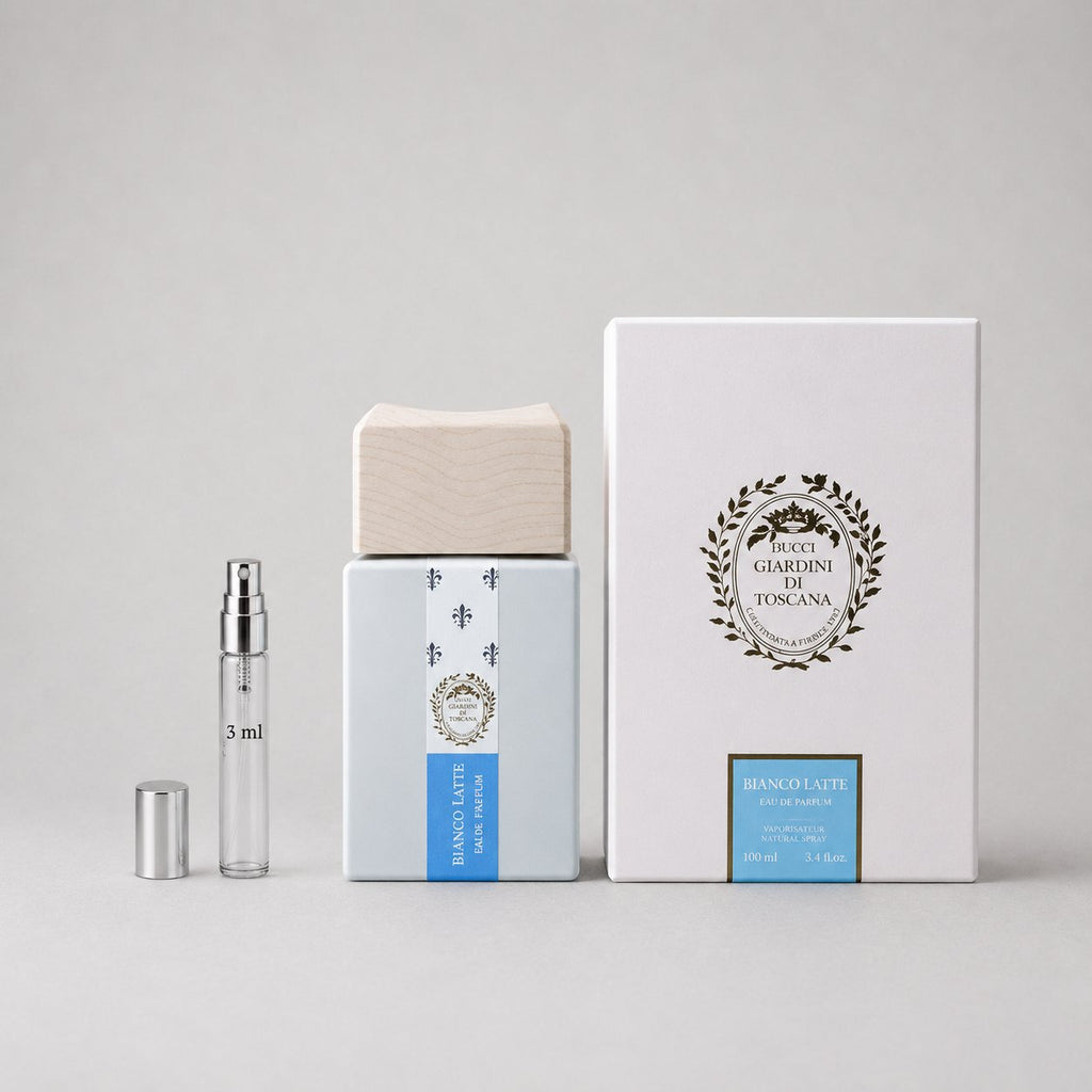 Giardini di Toscana Bianco Latte Sample Spray, featuring a sleek bottle, wooden cap, and elegant packaging.
