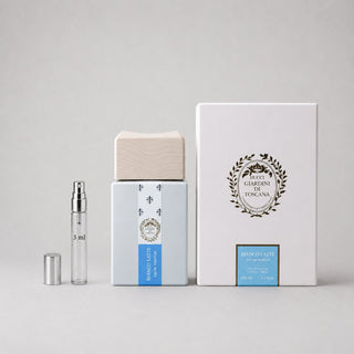 Giardini di Toscana Bianco Latte Sample Spray, featuring a sleek bottle, wooden cap, and elegant packaging.