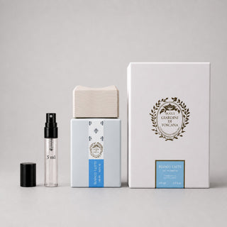 Giardini di Toscana Bianco Latte Sample Spray with a clear vial, wooden cap, and elegant packaging box.
