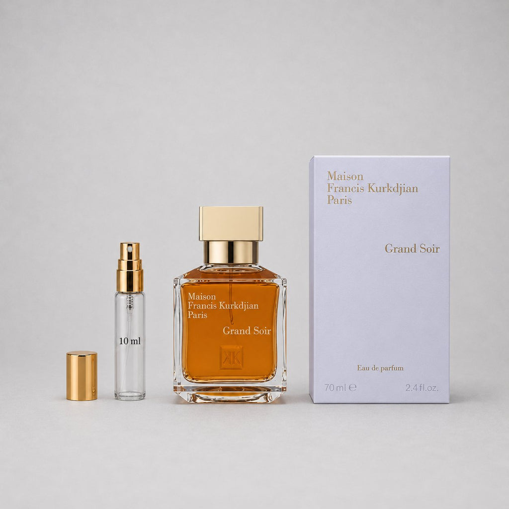 Maison Francis Kurkdjian Grand Soir Sample Spray includes a 10ml spray and a 70ml bottle in elegant packaging.