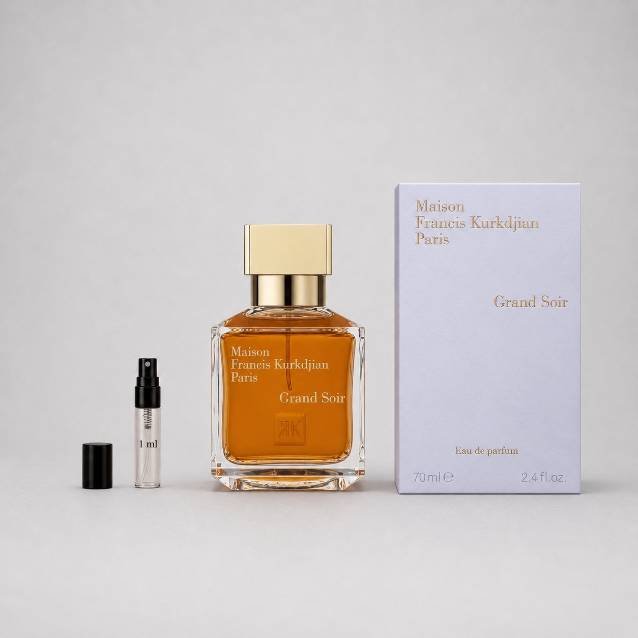 Maison Francis Kurkdjian Grand Soir Sample Spray includes a 70ml perfume bottle and a 1ml travel spray, elegantly packaged.