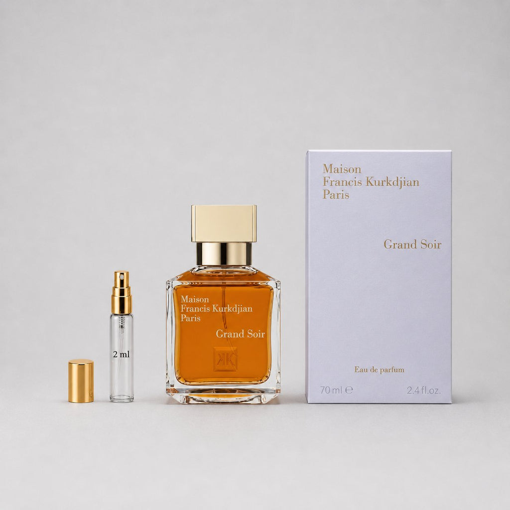 Maison Francis Kurkdjian Grand Soir Sample Spray featuring a 70ml bottle and a 2ml travel spray, elegantly packaged.