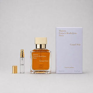 Maison Francis Kurkdjian Grand Soir Sample Spray featuring a 70ml bottle and a 2ml travel spray, elegantly packaged.