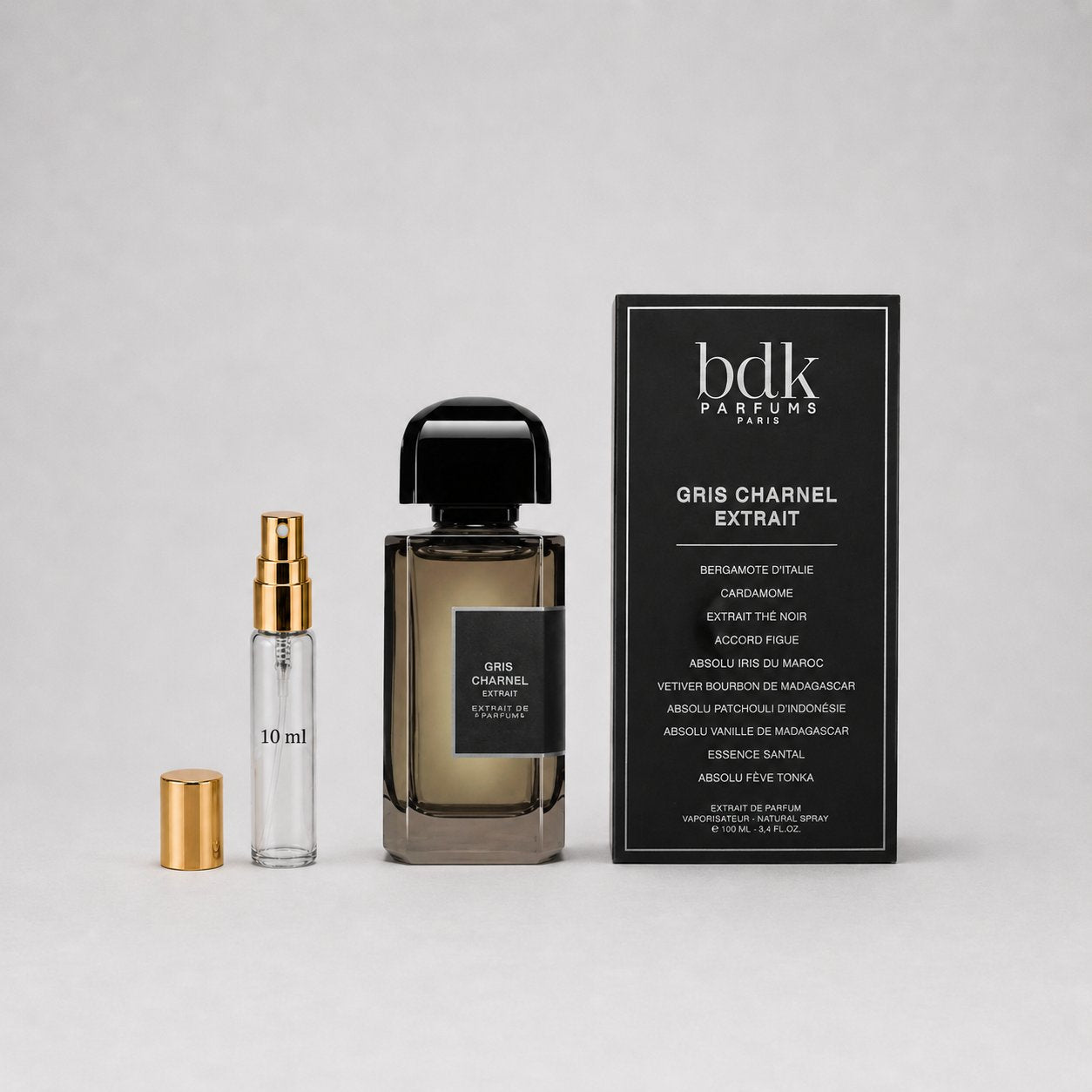 BDK Parfums Gris Charnel sample spray with a 10ml spray bottle and a black box featuring product details.
