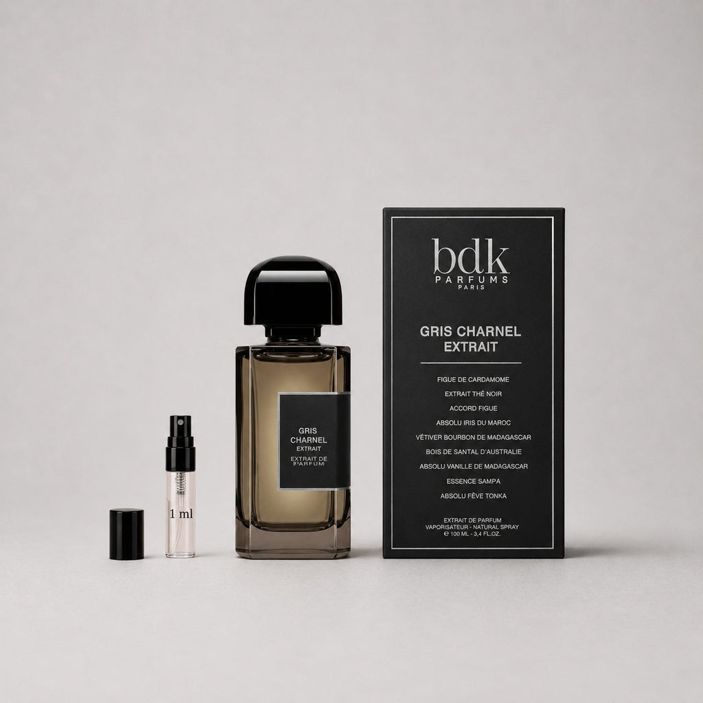 BDK Parfums Gris Charnel Sample Spray with a 1.5 oz bottle and a 1 ml travel spray, displayed with a sleek black box.