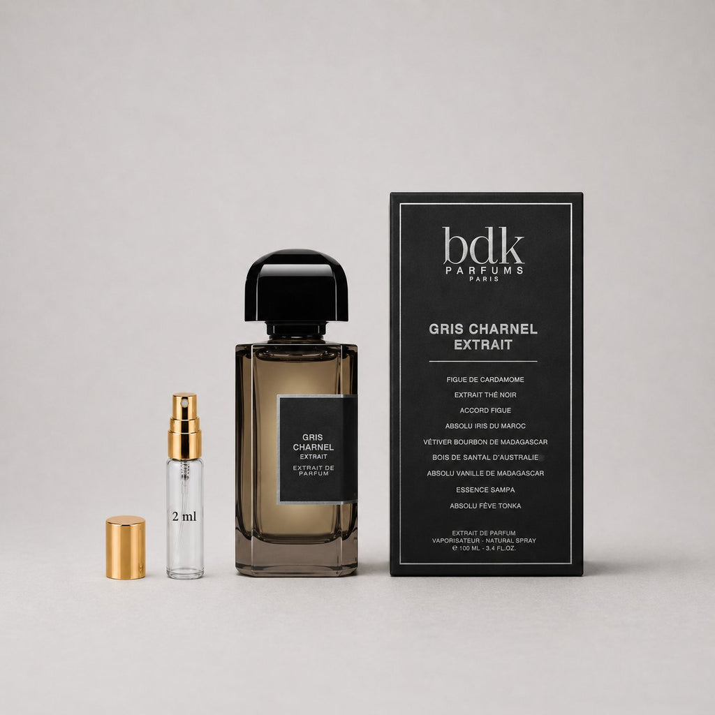 BDK Parfums Gris Charnel Sample Spray includes a 2ml spray vial and a larger bottle with a sleek design and black cap.