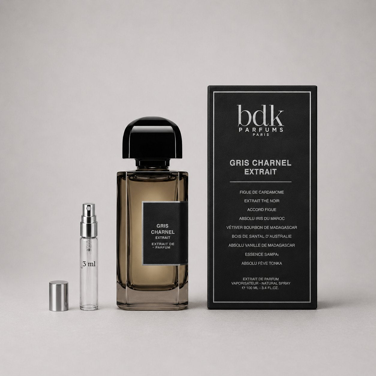 BDK Parfums Gris Charnel Sample Spray with a 3ml vial and a stylish black box, showcasing the fragrance's elegant design.