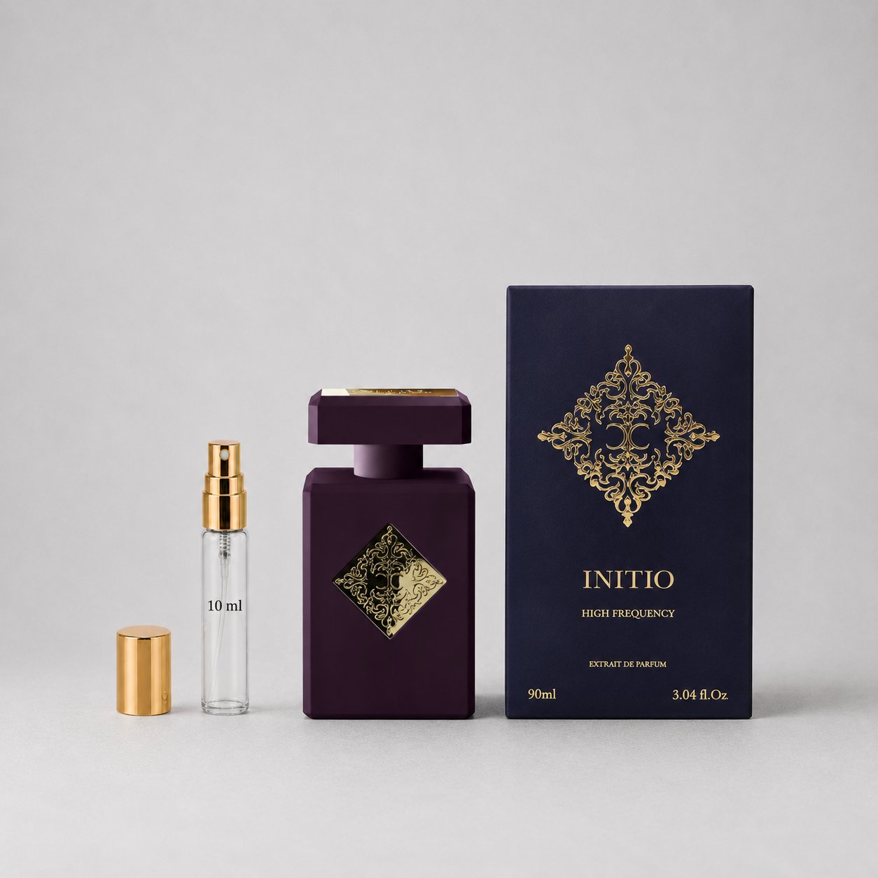 Initio Parfums Privés Side Effect Sample Spray features a sleek purple bottle with a gold accent, alongside a 10 ml spray via