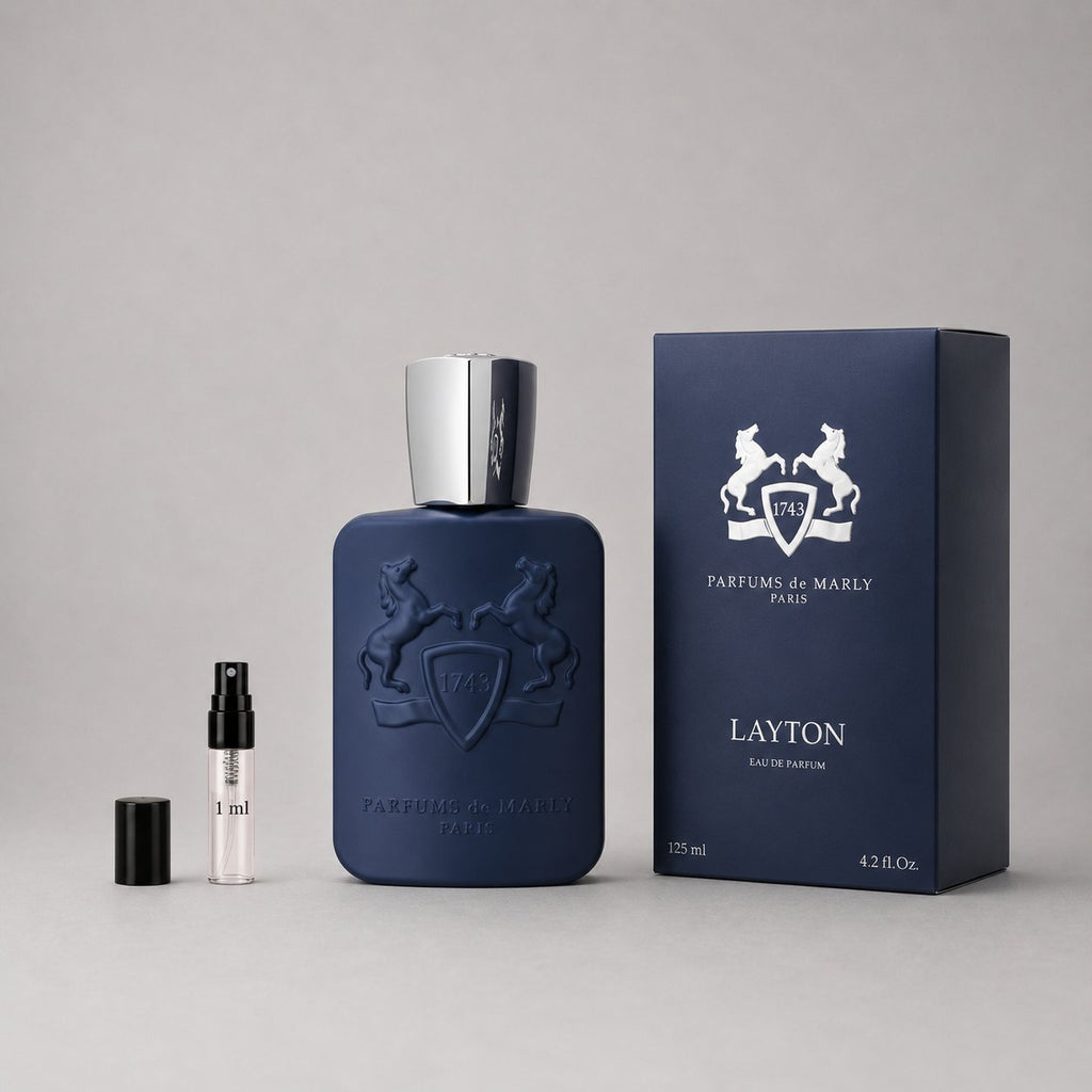 Parfums de Marly Layton sample spray with a 125ml navy bottle and box, featuring a silver cap and embossed logo.