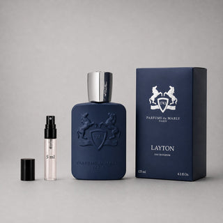 Parfums de Marly Layton sample spray with a navy bottle, silver cap, and matching box, featuring a 5 ml spray vial.