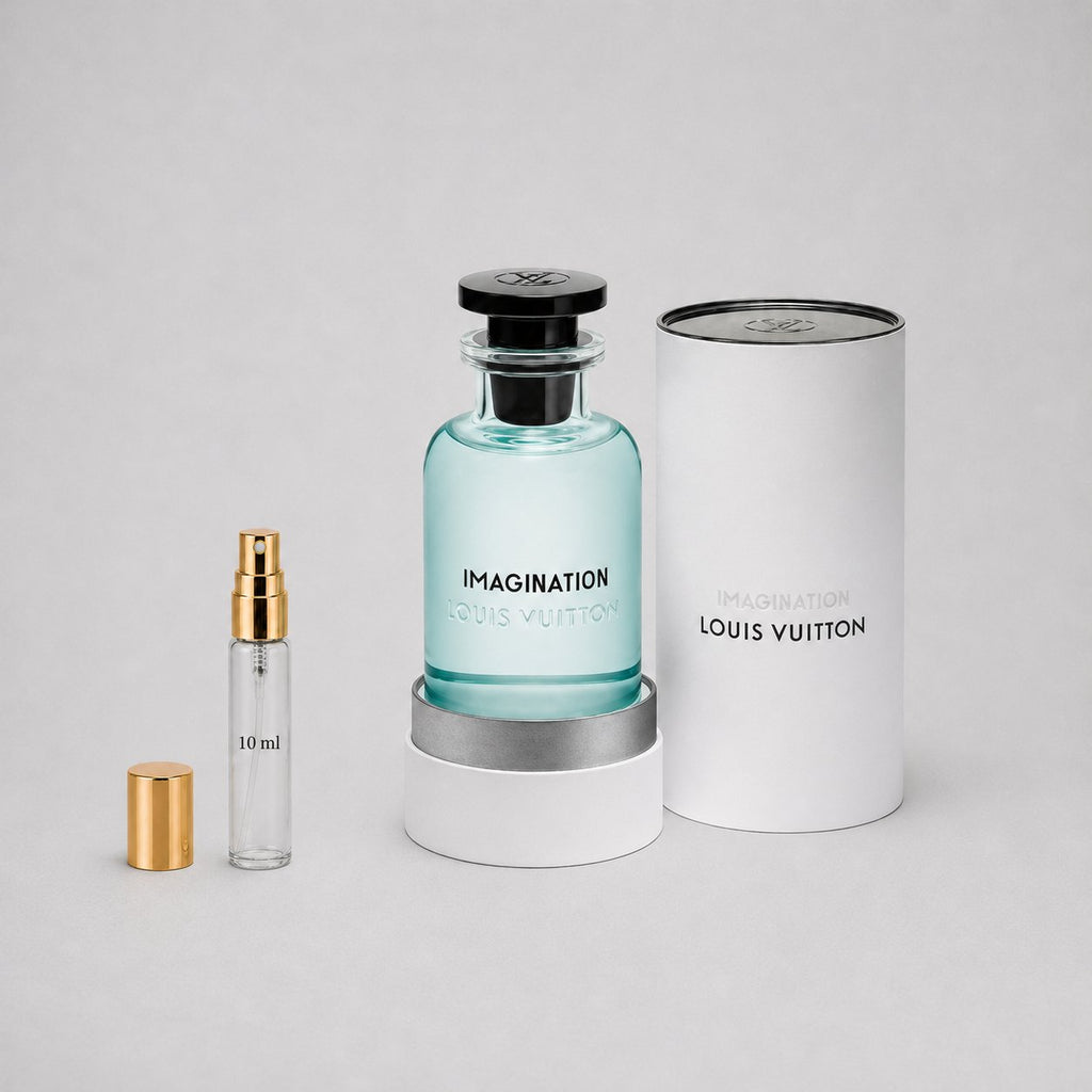 Louis Vuitton Imagination Sample Spray, featuring a glass bottle and a 10 ml travel spray, presented in elegant packaging.