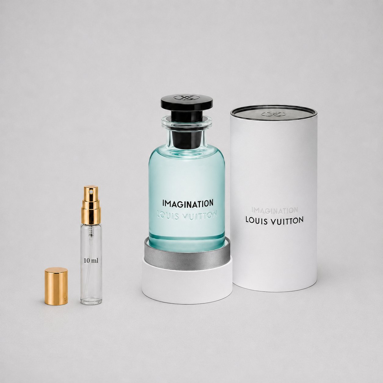 Louis Vuitton Imagination Sample Spray, featuring a glass bottle and a 10 ml travel spray, presented in elegant packaging.