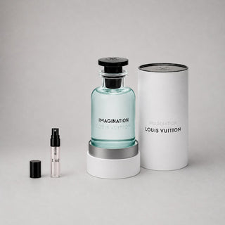 Louis Vuitton Imagination Sample Spray featuring a clear bottle with a black cap and a white cylindrical box.
