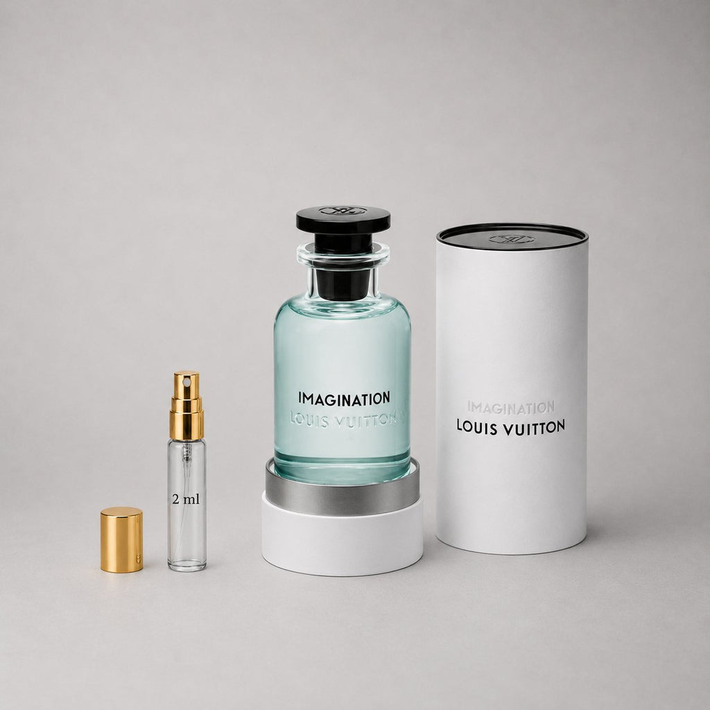 Louis Vuitton Imagination Sample Spray features a clear glass bottle with a black cap, alongside a small spray vial and a whi