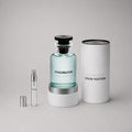 Louis Vuitton Imagination Sample Spray featuring a glass bottle with a black cap, alongside a 5 ml spray vial and a white box
