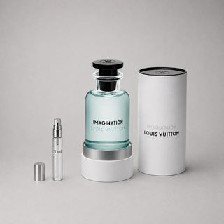 Louis Vuitton Imagination Sample Spray featuring a glass bottle with a black cap, alongside a 5 ml spray vial and a white box