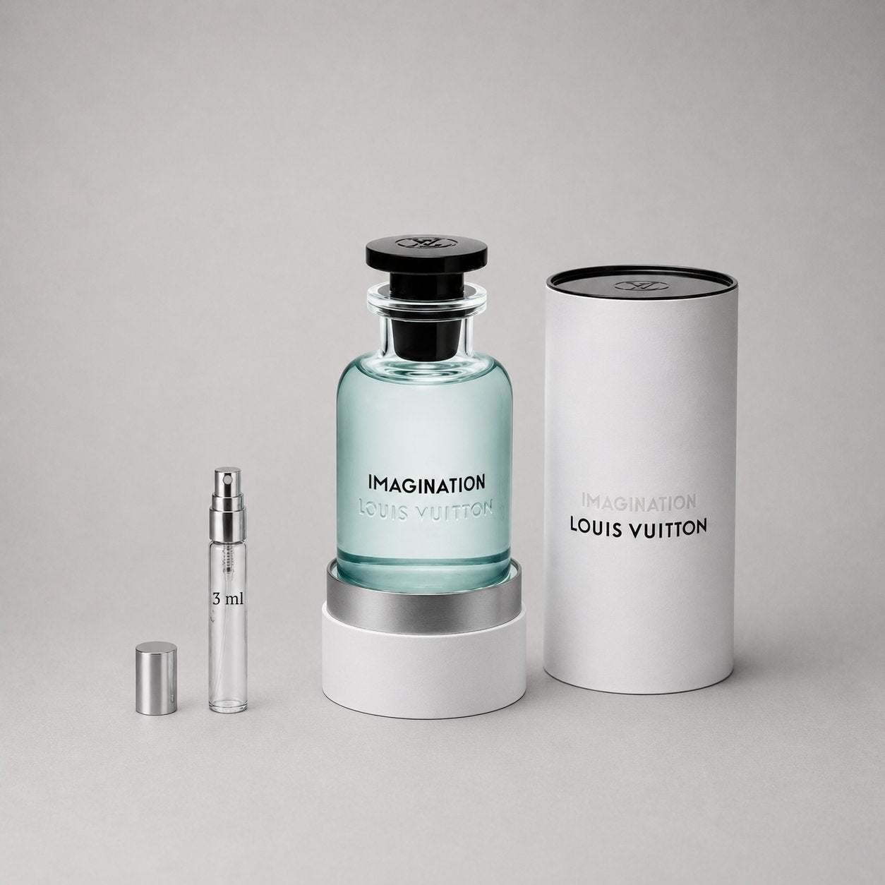 Louis Vuitton Imagination Sample Spray featuring a glass bottle with a black cap, alongside a 5 ml spray vial and a white box