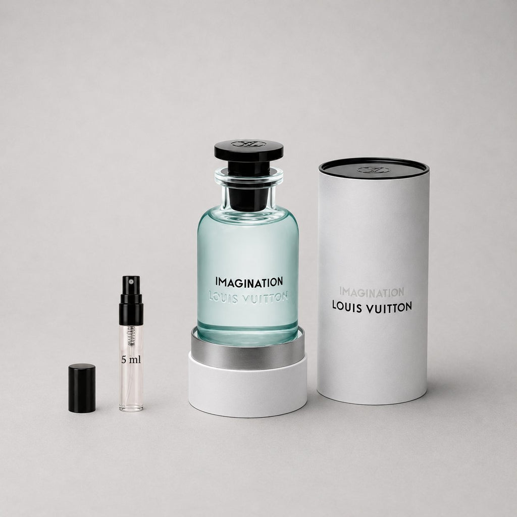 Louis Vuitton Imagination Sample Spray features a clear glass bottle with a black cap, accompanied by a 5 ml spray vial and a