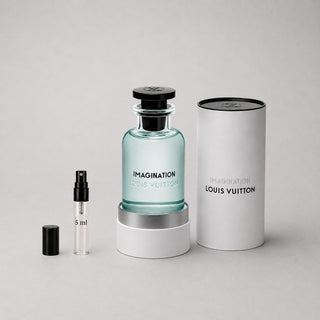 Louis Vuitton Imagination Sample Spray features a clear glass bottle with a black cap, accompanied by a 5 ml spray vial and a