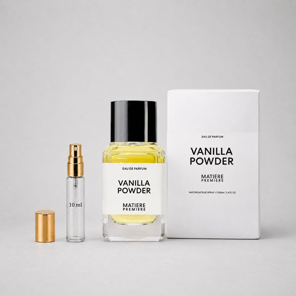 Matiere Premiere Vanilla Powder Sample Spray includes a 10ml spray bottle and a larger bottle in elegant packaging.