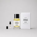 Matiere Premiere Vanilla Powder Sample Spray with a full-sized bottle and a travel-sized vial in a minimalist box.