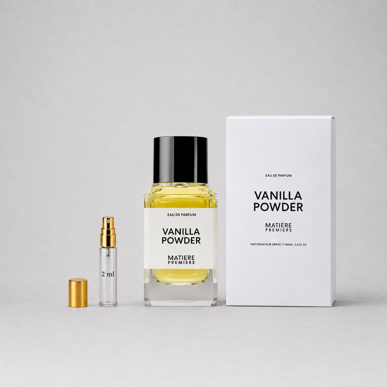Matiere Premiere Vanilla Powder Sample Spray includes a 2ml vial and a 50ml bottle, both with a minimalist design.
