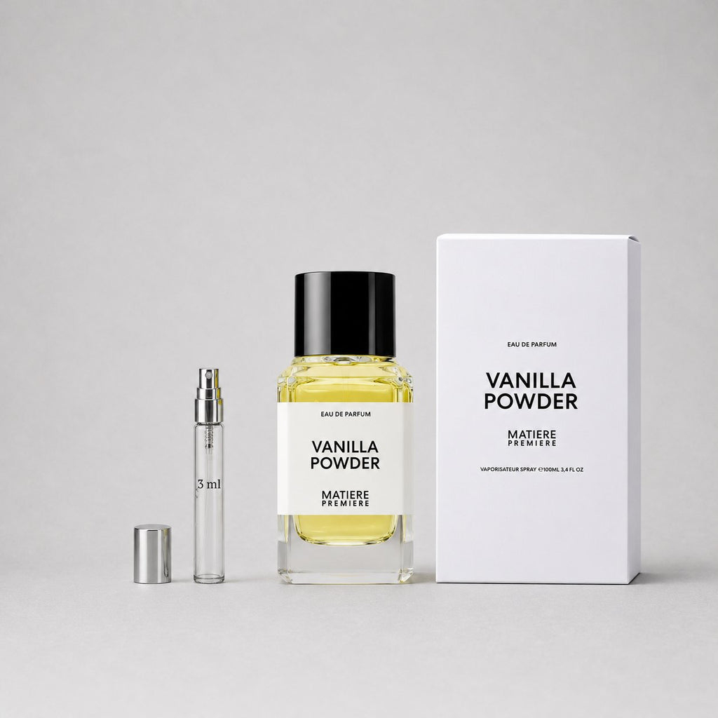 Matiere Premiere Vanilla Powder Sample Spray features a 3 ml spray vial and a larger bottle with a sleek design, both in eleg
