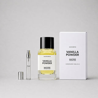 Matiere Premiere Vanilla Powder Sample Spray features a 3 ml spray vial and a larger bottle with a sleek design, both in eleg