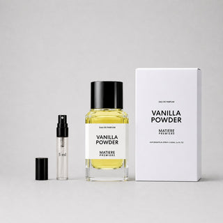 Matiere Premiere Vanilla Powder Sample Spray includes a 5ml spray vial and a larger bottle, both in elegant packaging.
