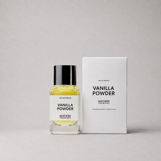 Matiere Premiere Vanilla Powder Sample Spray in a clear bottle with a black cap, accompanied by a white box.