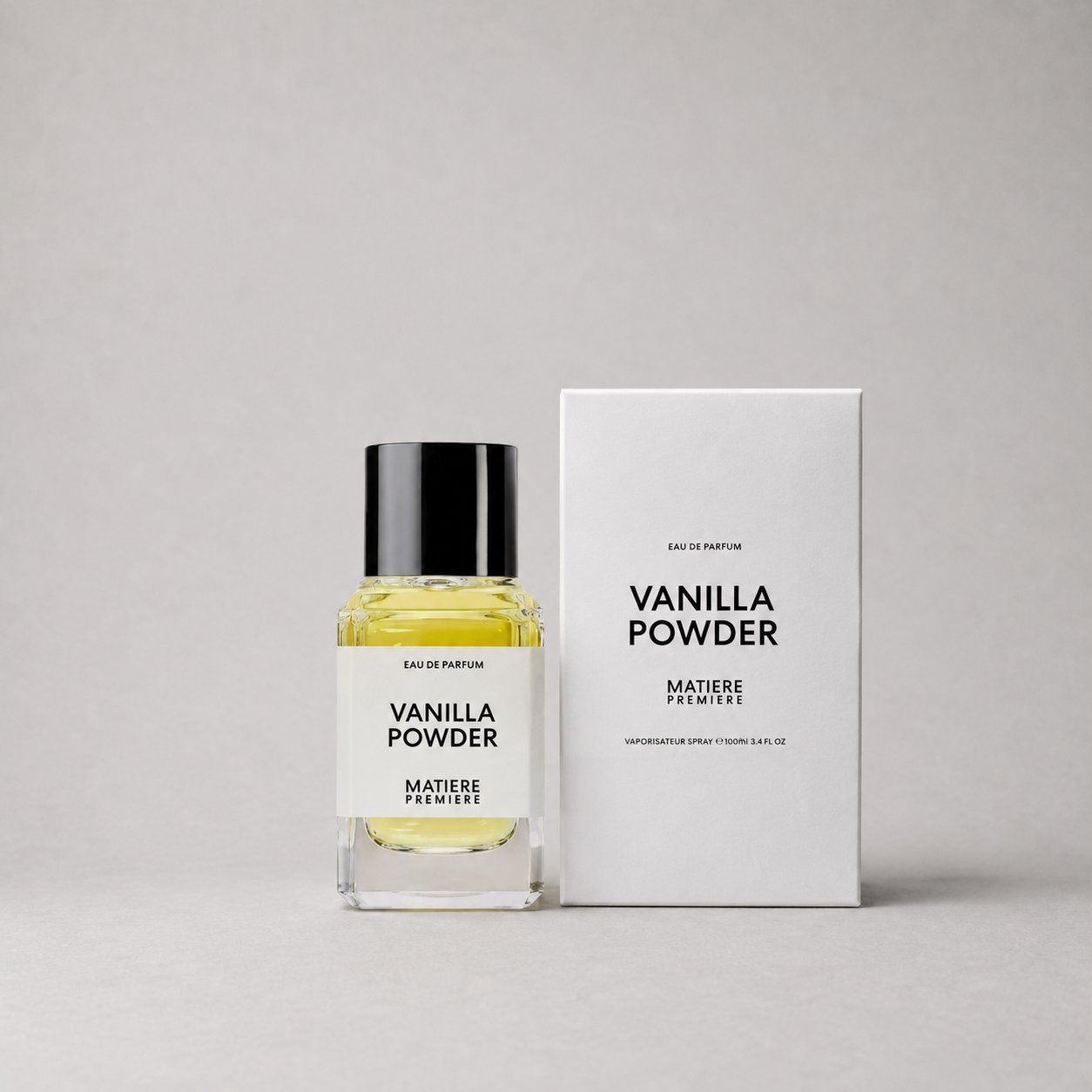 Matiere Premiere Vanilla Powder Sample Spray in a clear bottle with a black cap, accompanied by a white box.