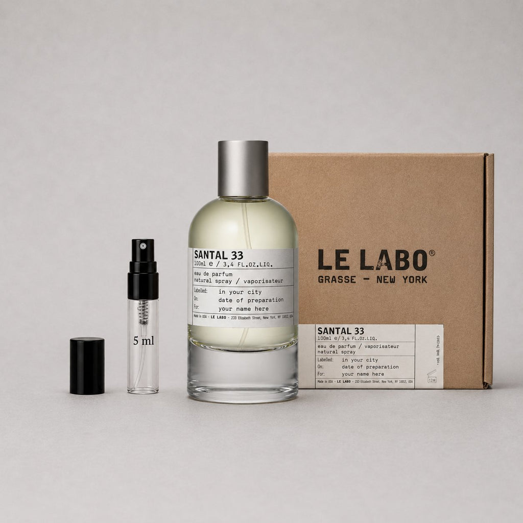 Le Labo Santal 33 Sample Spray set, featuring a 50ml bottle and a 5ml travel spray, packaged in a brown box.