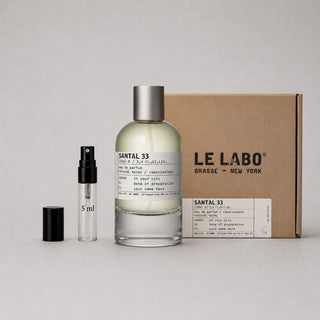 Le Labo Santal 33 Sample Spray set, featuring a 50ml bottle and a 5ml travel spray, packaged in a brown box.