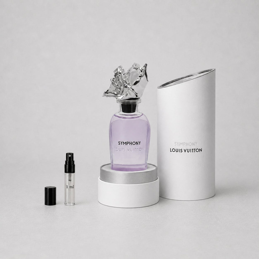 Louis Vuitton Symphony Sample Spray featuring a purple bottle with a decorative cap, alongside a 1 ml spray vial and a cylind