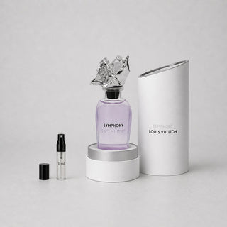 Louis Vuitton Symphony Sample Spray featuring a purple bottle with a decorative cap, alongside a 1 ml spray vial and a cylind