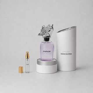 Louis Vuitton Symphony Sample Spray featuring a purple bottle, elegant cap, and a 2 ml spray vial in a sleek white box.