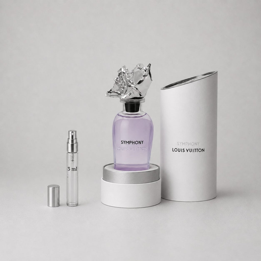 Louis Vuitton Symphony Sample Spray featuring a purple bottle with a decorative cap and a 3ml spray vial in a white box.