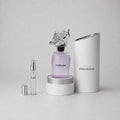 Louis Vuitton Symphony Sample Spray featuring a purple bottle with a decorative cap and a 3ml spray vial in a white box.