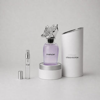 Louis Vuitton Symphony Sample Spray featuring a purple bottle with a decorative cap and a 3ml spray vial in a white box.