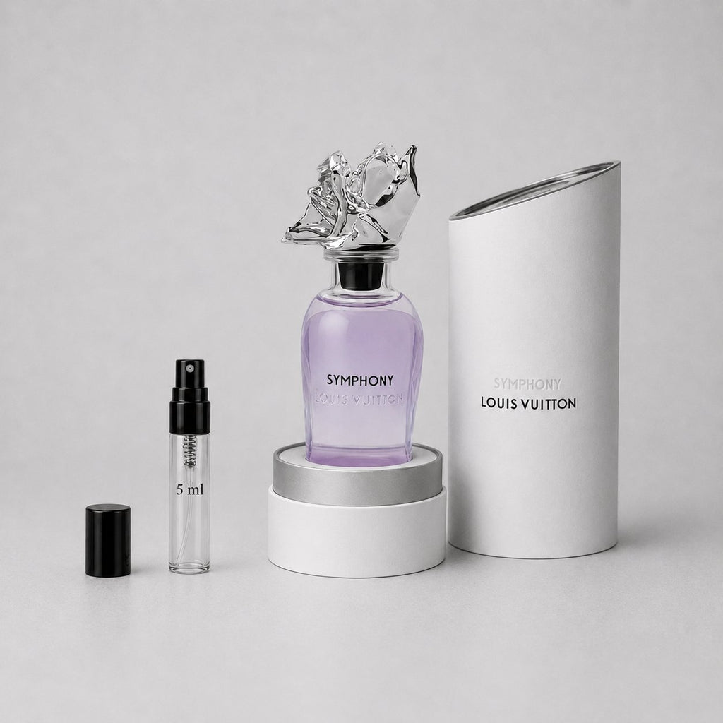 Louis Vuitton Symphony Sample Spray featuring a purple glass bottle with a decorative cap, alongside a 5 ml spray vial and a 
