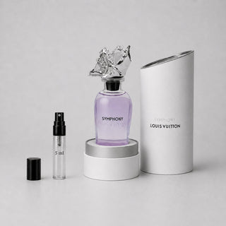 Louis Vuitton Symphony Sample Spray featuring a purple glass bottle with a decorative cap, alongside a 5 ml spray vial and a 