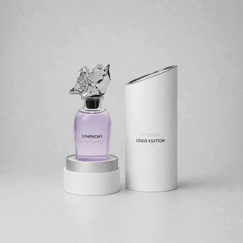 Louis Vuitton Symphony Sample Spray in a purple bottle with a decorative cap, displayed with its elegant packaging.