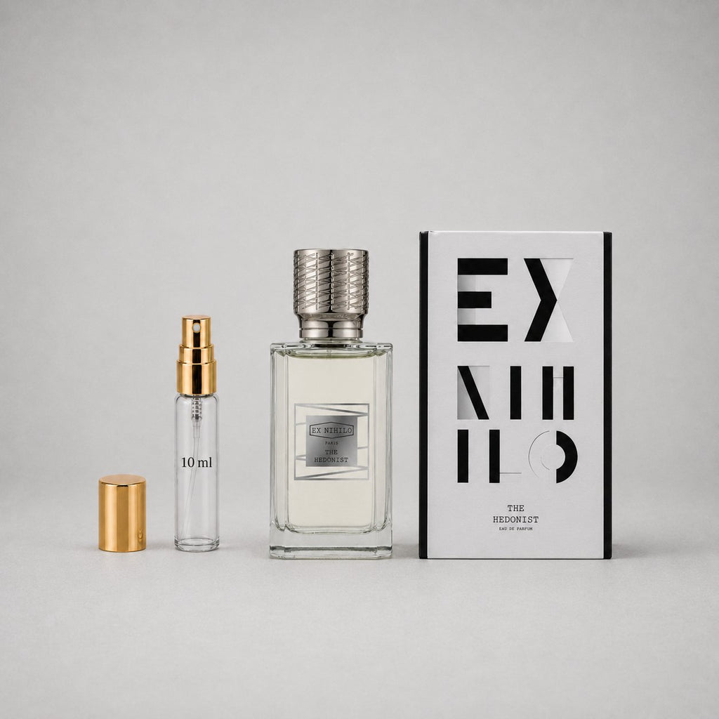 Ex Nihilo The Hedonist Sample Spray includes a 10 ml spray vial, a stylish bottle, and elegant packaging.
