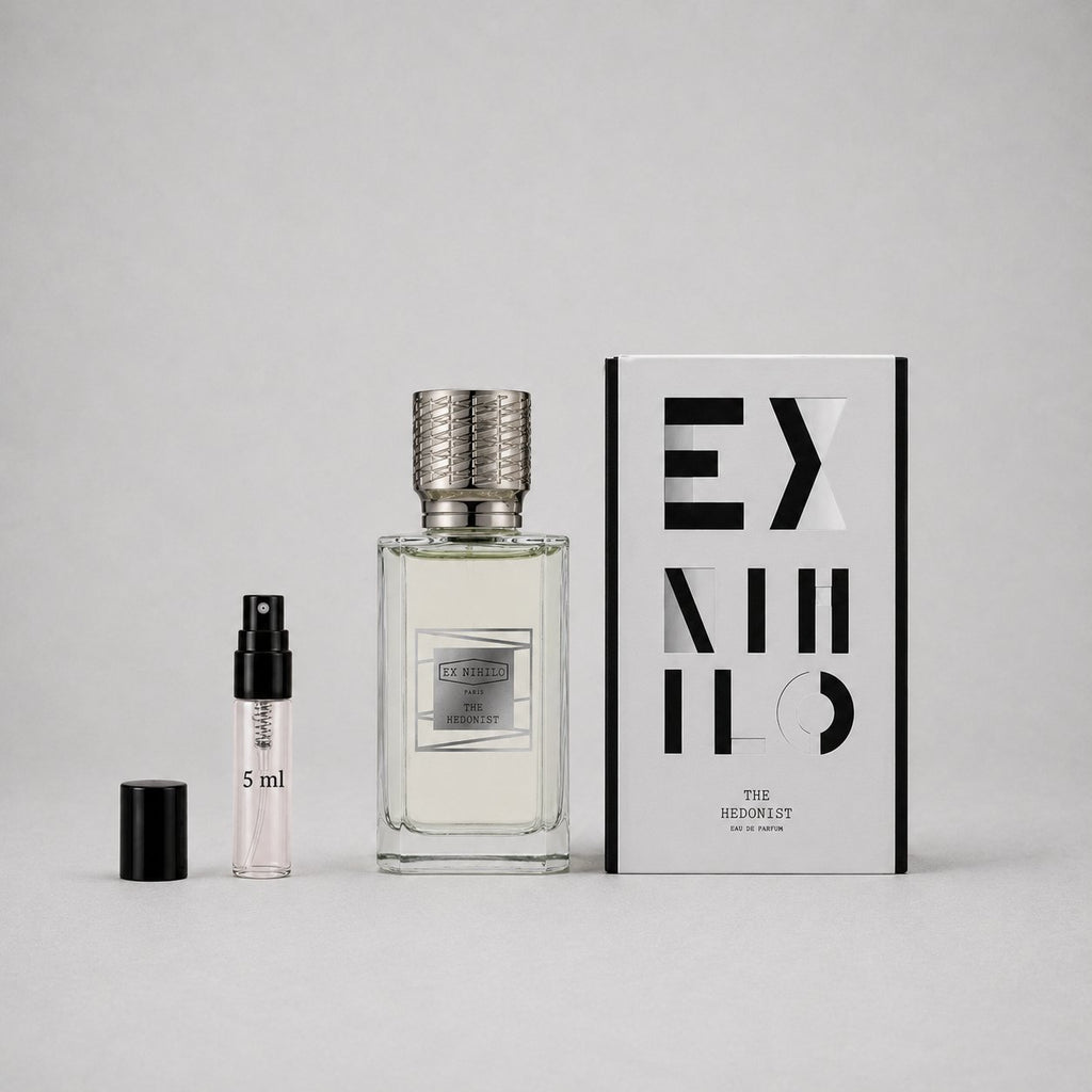 Ex Nihilo The Hedonist Sample Spray includes a 5 ml spray bottle and a stylish box with a modern design.