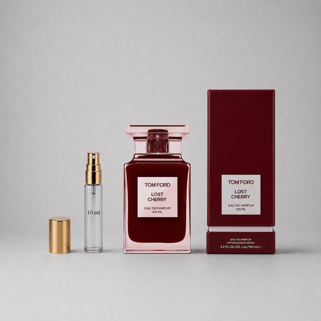 Tom Ford Lost Cherry Sample Spray featuring a 10ml spray bottle and a 100ml perfume bottle with a red box.