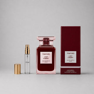 Tom Ford Lost Cherry Sample Spray featuring a 10ml spray bottle and a 100ml perfume bottle with a red box.