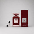 Tom Ford Lost Cherry Sample Spray featuring a deep red bottle, a small spray vial, and elegant packaging.