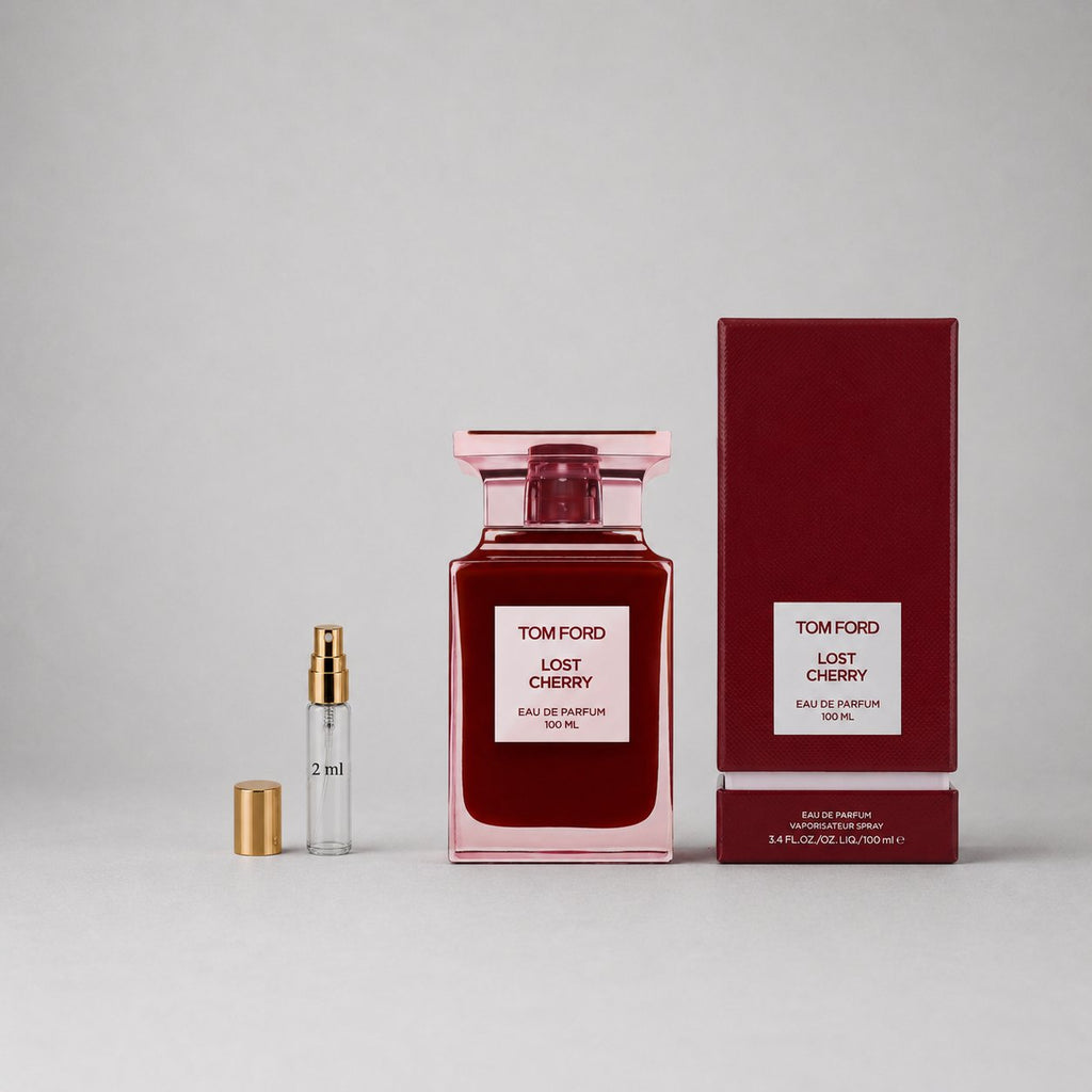 Tom Ford Lost Cherry Sample Spray featuring a red bottle, gold cap, and matching box, showcasing 2 ml sample size.