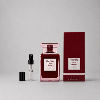 Tom Ford Lost Cherry Sample Spray features a red bottle and box, with a 5ml spray vial beside the full-size 100ml bottle.