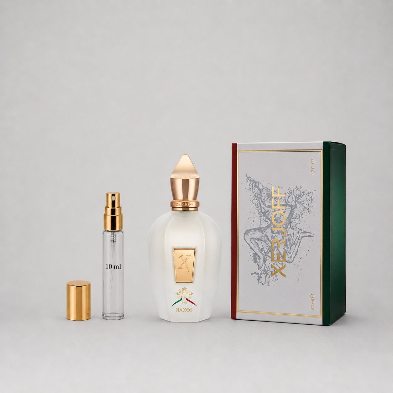 Xerjoff Naxos Sample Spray with a clear bottle, gold accents, and a green box, featuring a 10 ml spray vial.